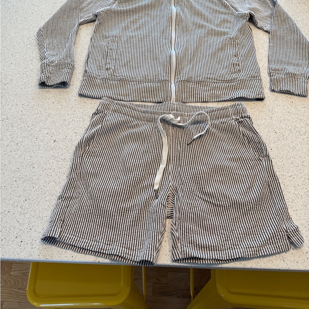 Todd Snyder Brown and White Seersucker Athletic Jacket and Shorts